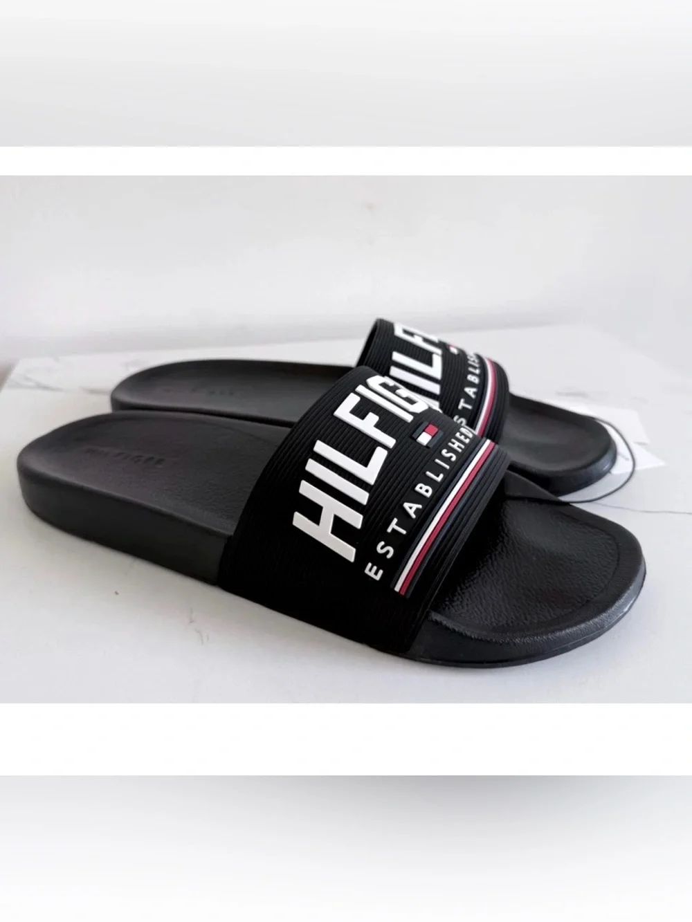 Tommy Hilfiger Black Slide Sandals with White Logo and Red-Blue Stripe